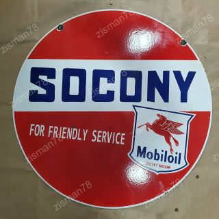 Socony Mobil Friendly 2 Sided Vintage Porcelain Sign 30 Inches Round