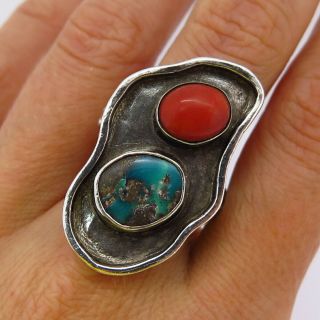 Vintage Old Pawn Sterling Silver Coral & Turquoise Tribal Artisan Ring Size 7.  5