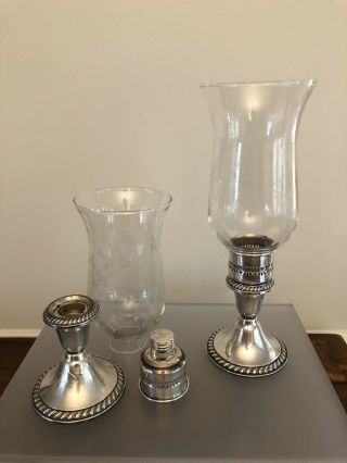 Set Of 2 Vintage Alvin Sterling Silver Weighted Candle Holder W/ Etched Glass