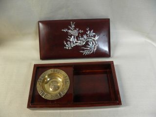 Asian Brass Ashtray Wooden Laquered Cigarette Box Inlaid Mother Of Pearl Abalone