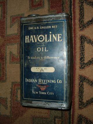 Vintage Early Rare Havoline 1 Gallon Auto Motor Oil Can Indian Refining Co.  Ny