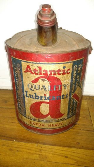 Large Vintage Atlantic Quality Lubricants Extra Heavy 5 Gallons Oil Can Florida