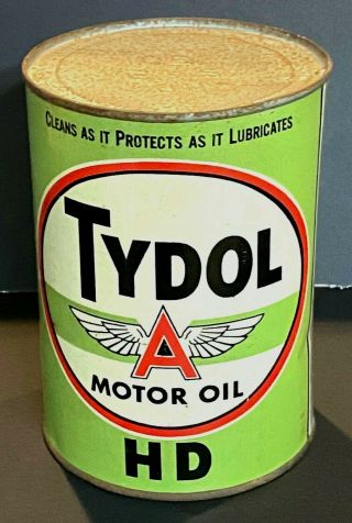 Rare Green Full Vintage Tydol Flying A Hd Motor Oil Can Canco