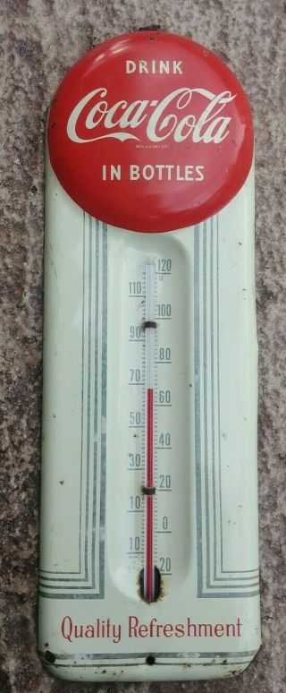 1950’s Coca - Cola 9” Button Thermometer Metal Coke Sign Art Deco Beauty