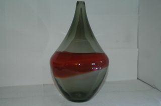 Vintage Murano Art Glass Wine Jug Vase Smoked Glass W/ Blood Orange Swirl " Rare "