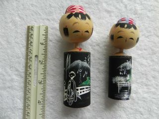 From Japan Two Vintage Kokeshi Dolls Man Woman Bobble Heads Hand Painted Wood