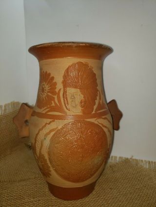 Mexican Hand Formed & Painted Clay Pottery Jar Vase W/ Mayan Calendar Cuernavaca