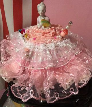 Vintage Porcelain Pin Cushion Half Doll With Dress 17