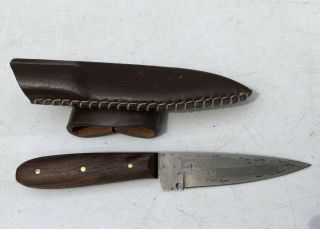 Hand Forged Shorty Knife,  Leather Sheath Unknown Maker Sharp Wood Handle
