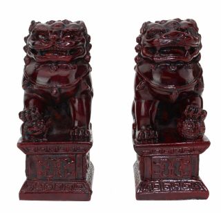 Feng Shui 4 " Red Fu Foo Dogs Pair Guardian Lions Wealth Resin Statue