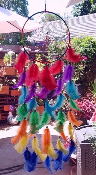 30 " Handmade Native American Design Beaded Dreamcatcher,  Vibrant Chakra Feathers