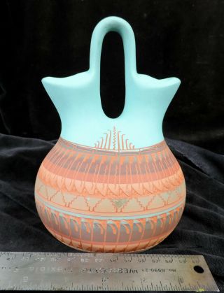Vintage Navajo Signed Dennison Billy Etched Hand Crafted Pottery Wedding Vase