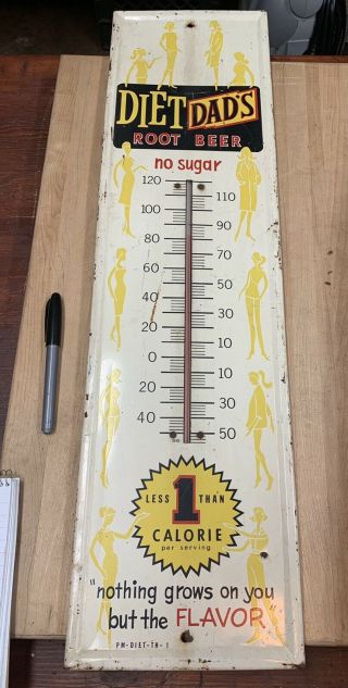 Vintage Diet Dad’s Root Beer Soda Metal Thermometer Sign Great Large