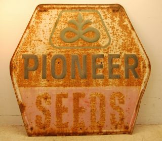 Vintage Pioneer Brand Seed Embossed Hexagon Metal Advertising Sign,  36 " Wide