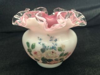 Vintage Fenton Peach Blow Silvercrest Vase Hand Painted Roses Milk Pink