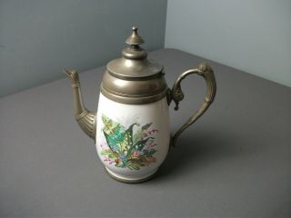 Vintage Ceramic & Pewter Tea Pot W/ Spout,  Handle & Hinged Attached Lid - I Mgo
