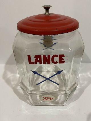 Vintage 11”lance Cracker Cookie Glass Jar General Store Display Red Metal Lid Nr