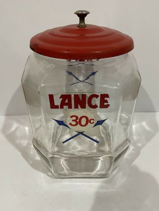 Vintage 11”Lance Cracker Cookie Glass Jar General Store Display Red Metal Lid NR 2