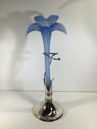 Vintage Hand Blown Cobalt Blue Bud Vase With Silver Plate Stand