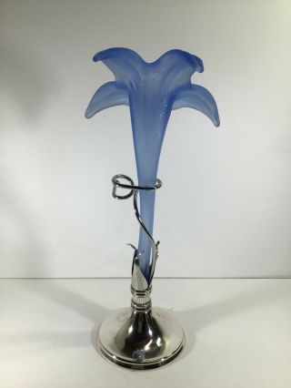 Vintage Hand Blown Cobalt Blue Bud Vase with Silver Plate Stand 3