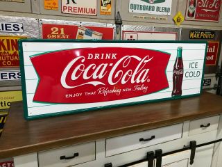 " Coca Cola Fishtail " Large,  Embossed Metal Advertising Sign (54 " X 18 ") Near
