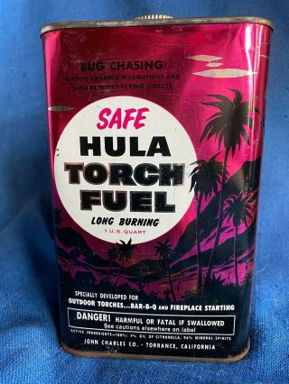 Vintage 1950 Mid Century Modern Hawaiian Tiki Torch Fuel Can Sign Quart Pink Tin