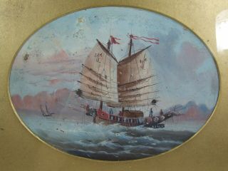 Vintage 20th C.  Chinese Oriental Oval Painting Gouache Of Junks Boats Sailing