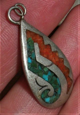 Vintage Navajo Turquoise & Coral Sterling Silver Pendant Tear Drop Design Vafo