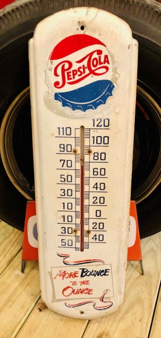 Vintage 1965 More Bounce To The Ounce Pepsi Cola Soda Advertising Thermometer