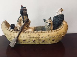 Native American Indian In Canoe With Wolf & Eagle Statue 9.  5 " X 5 " -