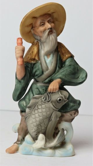 Vintage Japanese Porcelain Ceramic Figurine 6 Inch Fisherman Holding His Catch