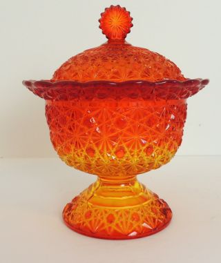 Vintage Mcm Fancy Amberina Glass Candy Dish Red & Orange 7.  5 " High With Lid