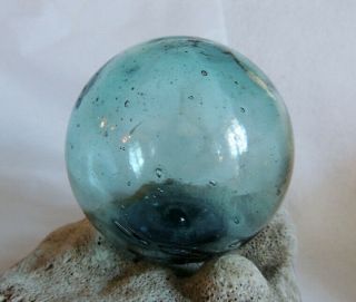 Vintage Japanese Glass Fishing Float.  Teal Blue & Rare Kanji Makers Mark (61)