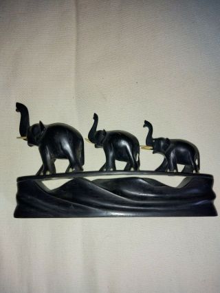 Vintage Black Ebony Wood Carving Three Elephants On A Bridge