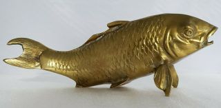 Rare Vintage Mid Century 10 Inch Heavy Brass Lucky Koi Fish Statue Figurine