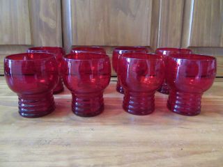Set Of 8 Vintage Ruby Red Glass Anchor Hocking Ribbed Juice Tumblers -