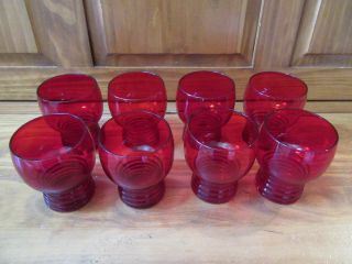 SET OF 8 VINTAGE RUBY RED GLASS ANCHOR HOCKING RIBBED JUICE TUMBLERS - 2