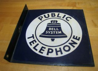 Bell System Public Telephone Old Porcelain Double Sided Flange Sign