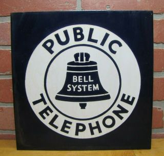 BELL SYSTEM PUBLIC TELEPHONE Old Porcelain Double Sided Flange Sign 2