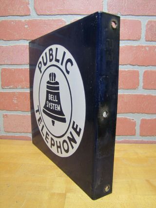 BELL SYSTEM PUBLIC TELEPHONE Old Porcelain Double Sided Flange Sign 3