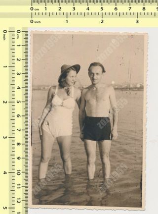 Couple On Beach,  Swimsuit Woman & Man In Trunks,  Swimwear Lady Guy Old Photo