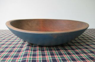 Vintage Bowl,  Medium 10 - 3/4 " Round Wood,  Primitive Country,  Light Blue Paint