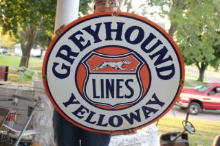 Large Greyhound Yelloway Lines Bus Station Gas Oil 30 " Porcelain Metal Sign
