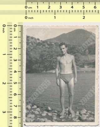 Shirtless Man In Trunks On Beach,  Handsome Guy Gay Int Interest Vintage Photo