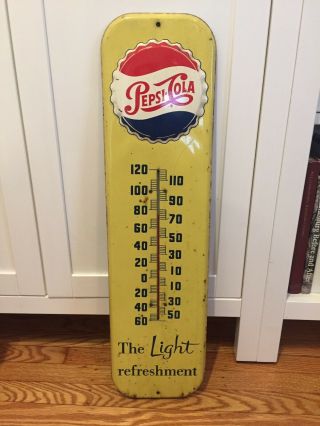 (vtg) 1950s Pepsi Soda Pop Tin Litho Metal Thermometer Advertising Store Sign