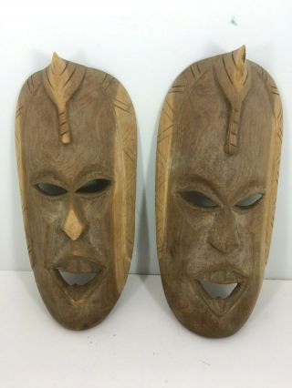 Two Vintage African Hand Carved Tribal Masks Wall Hangings