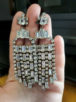 Large Silver Toned Vintage Clip On Crystal Earrings