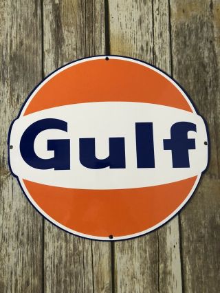 Vintage “gulf” Service Station 12” Porcelain Metal Concave Gasoline & Oil Sign