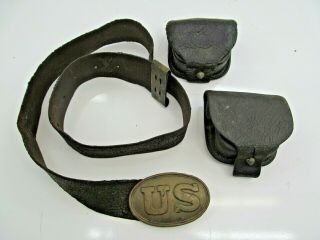 Us Civil War Union Belt,  Buckle,  And Ammo Pouches Leather Nr