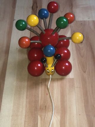 Vintage Kouvalias Wooden Banana Slug Pull Toy With Multicolored Bouncing Balls